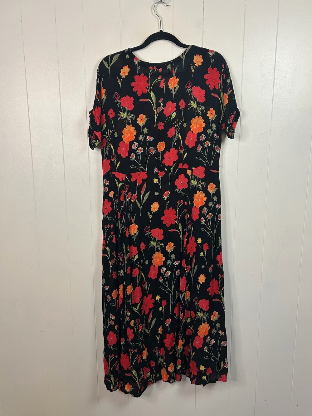 Vintage 90s Black Floral Midi Dress Womens Large Whimsigoth Grunge Cottagecore - Picture 5 of 11